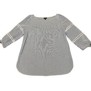 Talbots Blouse Womens Size L Blue White Pinstripe 3/4 Sleeve Square Neck